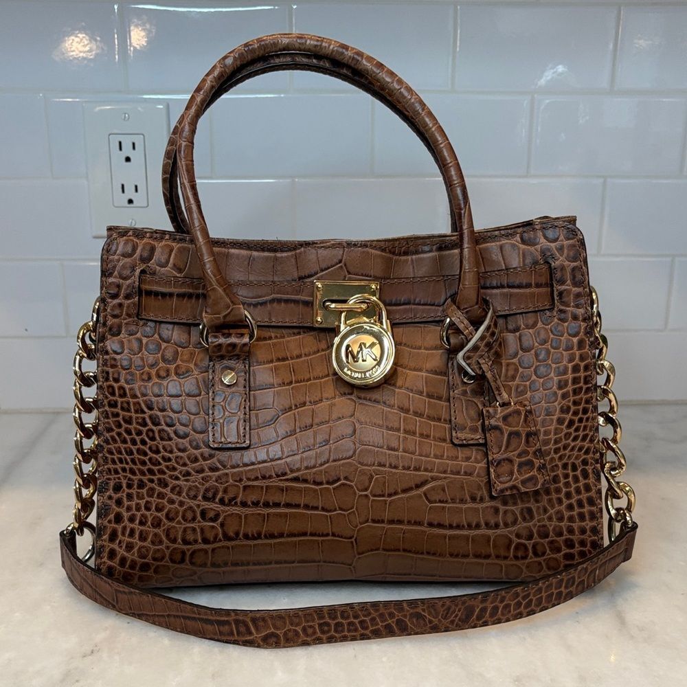 Michael Kors Bag Purse Handbag Croc Embossed Leather Brown Hamilton Tote Bag